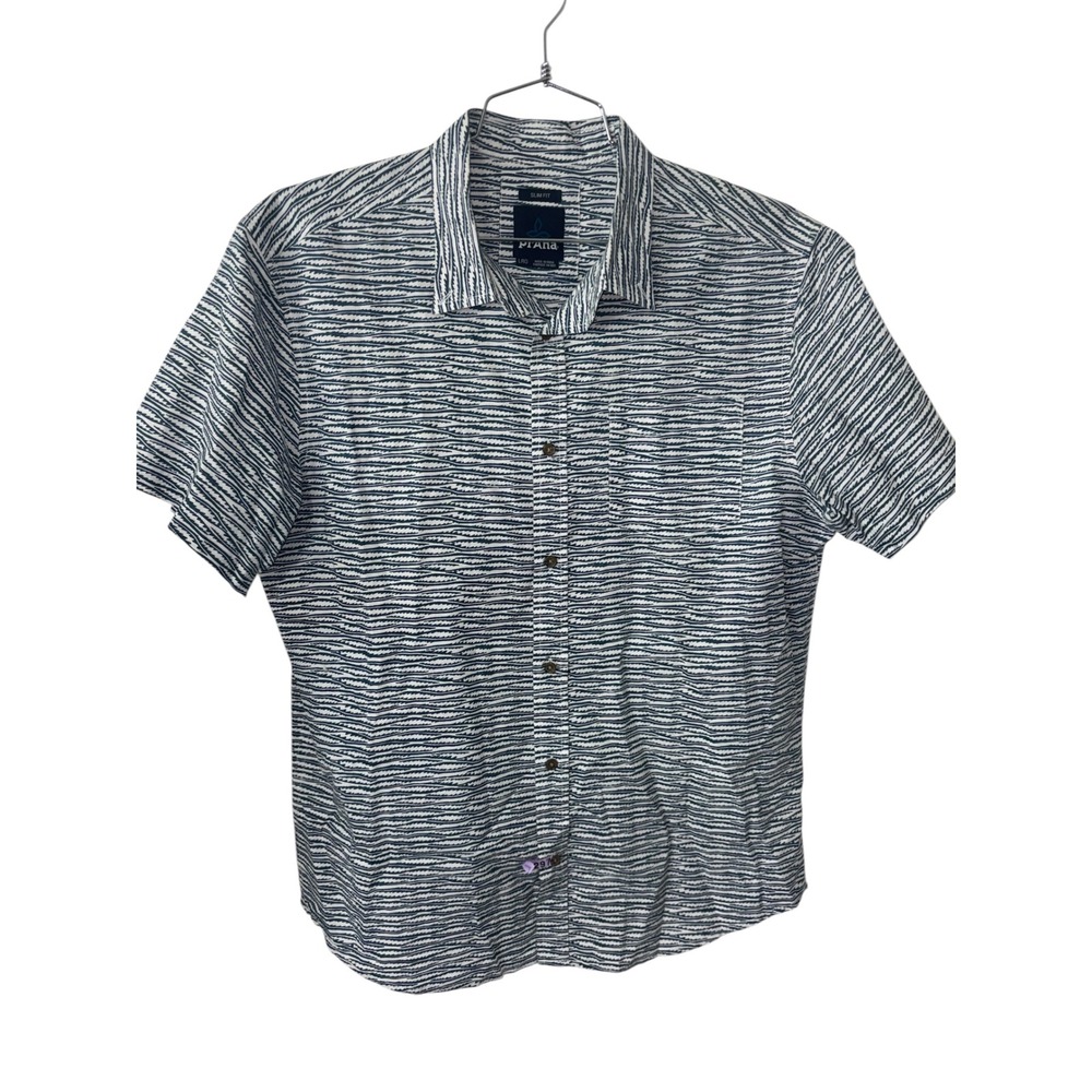 Prana Mens Slim Fit Short Sleeve Button Down Shirt White Navy Wave M11202533 LRG - Picture 2 of 10